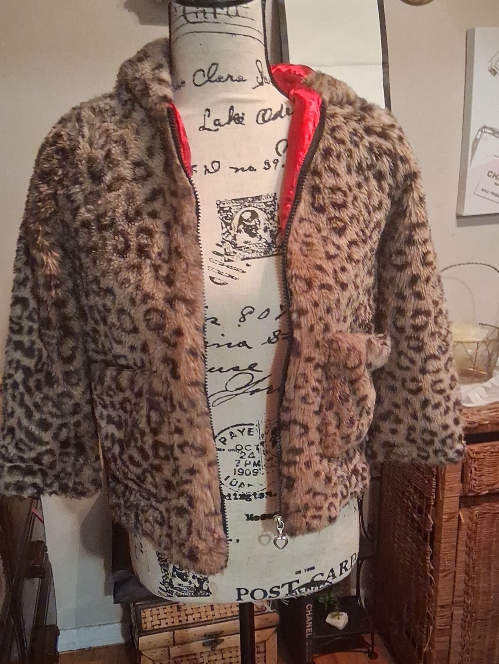 Urban Republic Girls' Leopard Print Faux Fur Jacket with Red Lining Size 6X